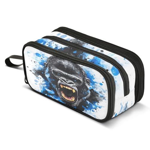 Image of ALAZA King Kong Blue Face Pencil Case Large Capacity Pencil Pouch Box Boys Girls School Supplies Pen Case Bag with Handle 3 Compartments Zipper