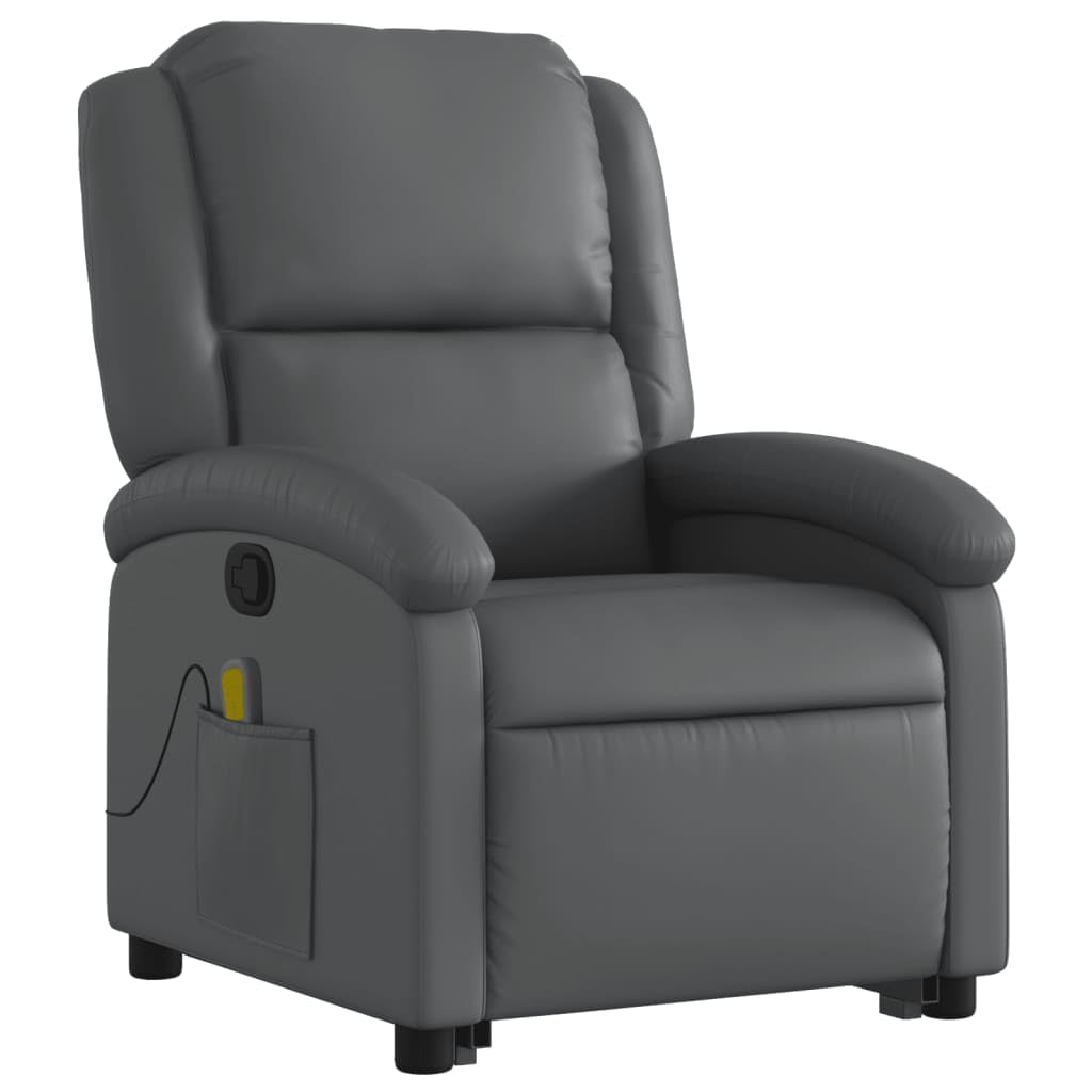 Sillón elevador reclinable con masaje de 6 puntos, color gris, piel sintética, función de elevación eléctrica y vibración, estructura estable de madera y metal, asiento cómodo