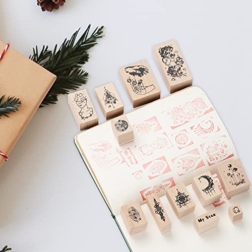 image for kiniza 12 Pieces Vintage Wooden Rubber Stamps, Universe & Galaxy Decor