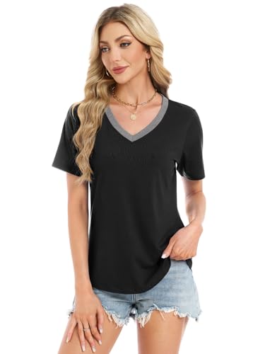 Womens Summer Tops Short Sleeve V Neck T Shirts Dressy Casual Blouses Business Oversized Tunic Vacation Boho Outfits, Black/Grey 3XL — view 2