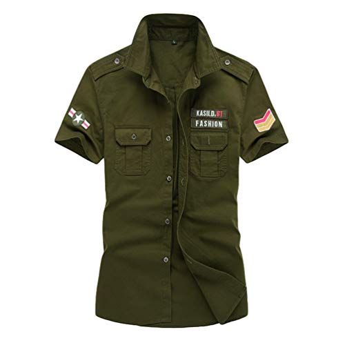 Yuandian Camisa de verano para hombre, tallas grandes, estilo ejército, informal, 100% algodón, con botones, manga corta, ajustada, camisa de piloto, bordado militar, camisas militares, 3XL,