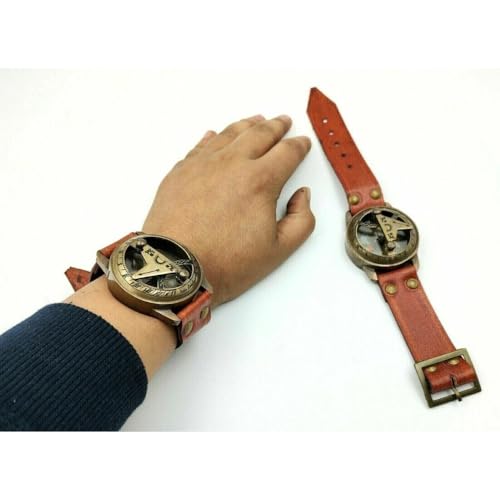 Reloj brújula náutica de latón con banda de cuero marrón, brújula de reloj de sol antigua, brújula artesanal para camping miniatura 3