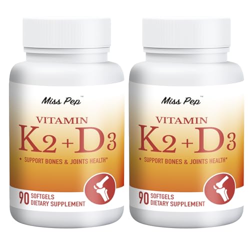 MISS PEP Vitamin D3 K2,5000 Iu D3 and 100 Mcg K2 (Mk-7),with Sunflower Oil Softgels,90 Softgels,2-in-1 Formula,Easy to Absorb and Swallow,Supports Immune Support (2 Bottles)