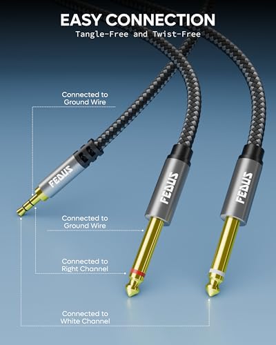Image of FEDUS Maestro 1.5 Meter 3.5mm 1 /8 inch TRS to Dual 6.35mm 1 /4 inch TS Y-Splitter Cable, 24K Gold Plated, OFC Audio Cord, Aux to Mono Adapter for Amplifier, Mixer, DJ, Guitar, Speaker, PC