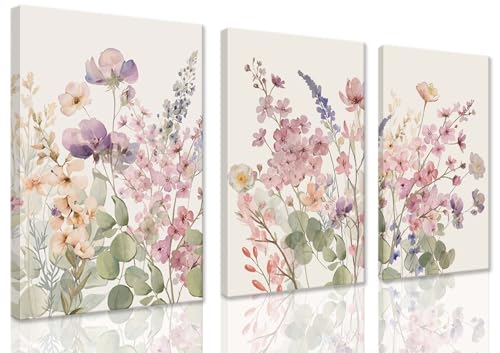 ZQARTZZQ Framed Colorful Wildflower Canvas Wall Art, Pink and Purple and Floral Paintings Watercolor Botanical Flower Wall Decor Pictures Prints Set of 3 for Living Room Girls Bedroom Bathroom 12x16in