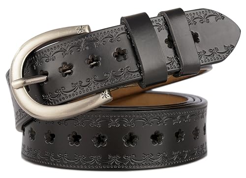 Women Vintage Floral Engraved Embossed Genuine Western Leather Belt for Jeans Dresse