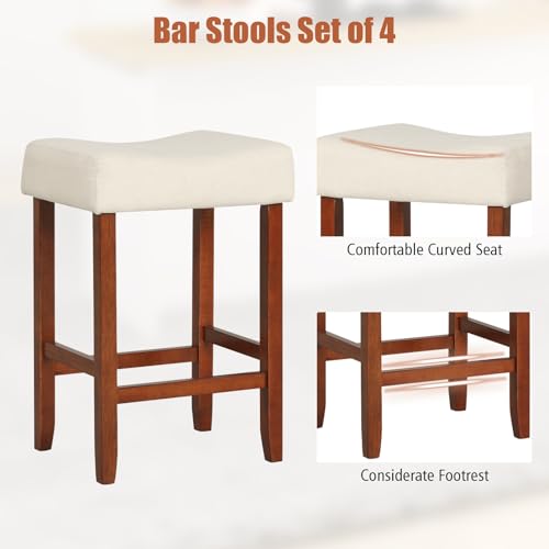 Image of COSTWAY Wooden Saddle Stools Set of 4, 25-inch Backless Counter Height Chairs with Rubber Wood Frame, Footrest, Max Load 330 Lbs, Upholstered Bar Stools for Kitchen Island, Light Beige+Brown