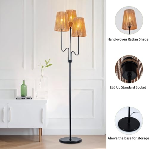 Image of MAYNA 3-Light Black Boho Floor Lamp with Handwoven Rattan Shades | Adjustable Swiveling Arms, Foot Switch Standinmg Floor Lamp for Living Room & Bedroom, 3 LED Bulbs Included