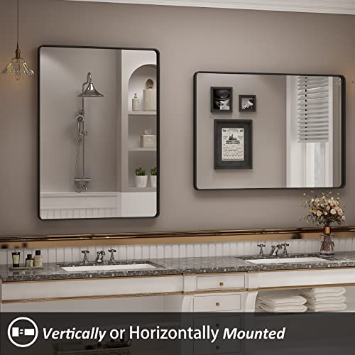 Oddsan 22X30 Matte Black Bathroom Mirror, Modern Rectangle Metal Framed Mirrors For Wall, Rounded Corners (Horizontal/Vertical) #TOP4