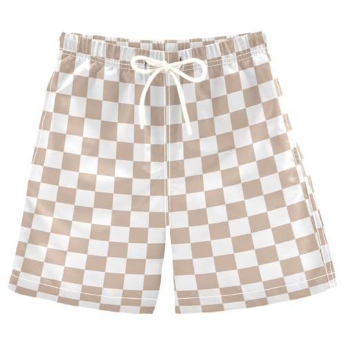 Brown White Checkered Boys Swim Trunks Kids Toddler Beach Board Shorts Teen Quick Dry Bathing Suit Swimsuit