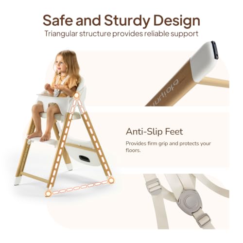 Image of Tinyiota High Chair for Babies and Toddlers, 8-Level Adjustable Foldable Convertible Baby Highchair with Removable Tray, Ergonomic Feeding Chair Transitions from Infant to Adult, Wood-Look Metal