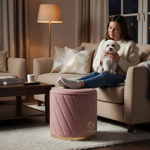 Image of ENIQE STORE Premium Velvet Ottoman Stool | Modern Round Pouffe with Gold Base | Multipurpose Seating | Living Room & Bedroom Decor (Pink Set of 2)