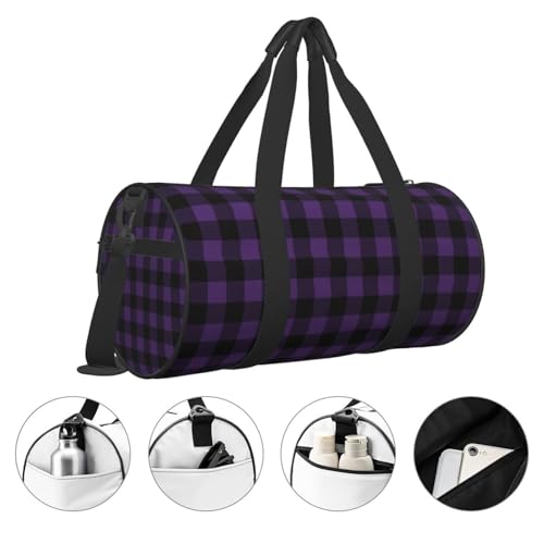 Travel Duffle Bag, Purple black plaid Sports Gym Bag for Women Men, Carry On Bag Weekender Overnight Duffel Bag, Personal Item Travel Bag3