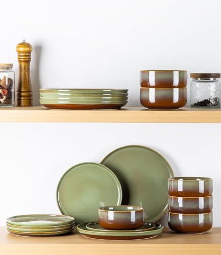 Image of TheTerra Ceramic Dinnerware Set for 6, 18-Piece Plates and Bowls Set | Handmade Reactive Glaze Dish Set, Scratch Resistant, Oven & Microwave & Dishwasher Safe, Sage Umber
