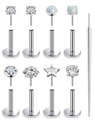 20G 18G 16G Threadless Push in Nose Rings Studs Flat Back Studs Earrings Surgical Stainless Steel Opal Nose Rings Stud Tragus Helix Conch Cartilage Earrings Piercing Jewelry For Women Men