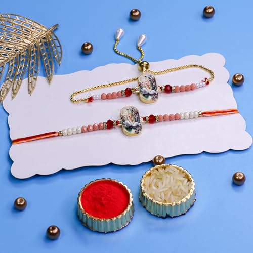 Image of Oblivion Rakhi Set for Brother and Bhabhi - Peacock with Feather Gift for Bhai & Lumba for Bhabhi with Silver Colour Coin and Greeting Card - Raksha Bandhan Combo