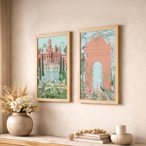 Image of NoWorries Indian Heritage Palace Framed Wall Painting Set of 2, Peach Pink Green Pastel Blue & Natural Wood, Royal Garden Architecture and Peacock Art Prin for Bedroom Office Decor (Art-5, 25x37inch)