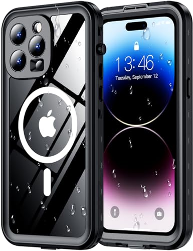 Red2Fire for iPhone 14 Pro Case Waterproof [Built-in Screen Protector & Camera Protector][Compatible with MagSafe][Full Body Shockproof][IP68 Waterproof][Dustproof] Phone Case 6.1 Black/Clear
