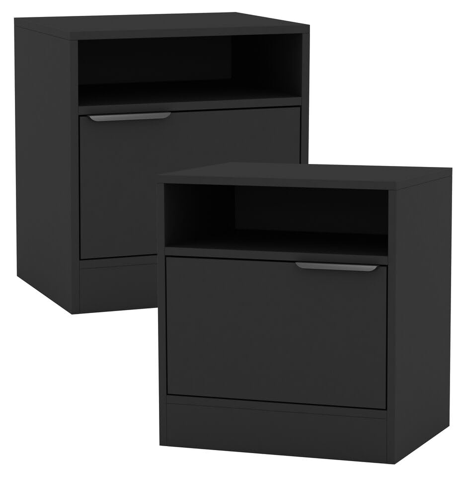 URBNLIVING 2 Pcs 1-Door Bedside Black Table Nightstand Shelf File Cabinet Storage for Bedroom Wooden Furniture Modern Sofa Side End Compact Unit for Living Room H49.5cm x W45cm x D35cm