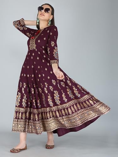 Image of Aj Art Anarkali Kurti for Women and Girls Floral Golden Print Regular Slim Fit Rayon Blue (Set of 1)