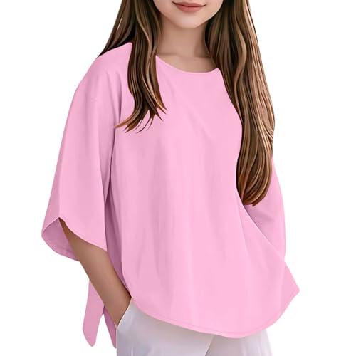 Teen Girls 3/4 Length Long Sleeve Tops Kids Curve Hem Side Slit Solid Tunic Blouse Children Cotton White Baby Tee