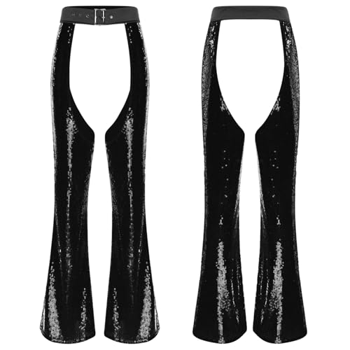 Women's Cowgirl Chaps Shiny Sequin Flare Pants Adjustable Waist Overpants Festival Party Wear3