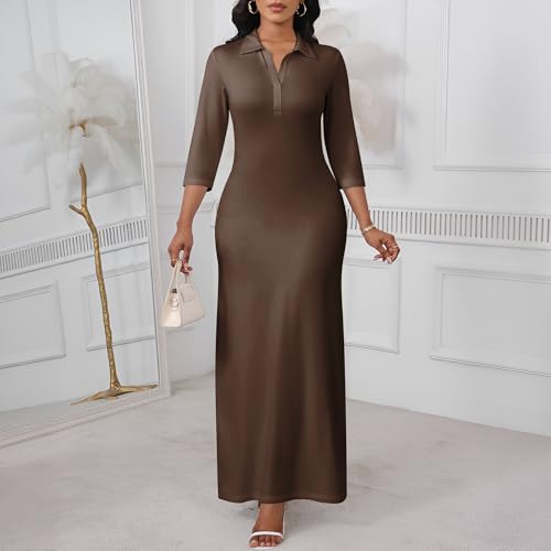 Image of PinkPatty Women's Casual 3 /4 Sleeve Polo V Neck Bodycon Maxi Dress