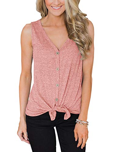 PRETTODAY Women's Summer V Neck Tank Tops Tie Front Button Up Sleeveless Shirts Casual Loose Blouses (Medium, Pink Blush)