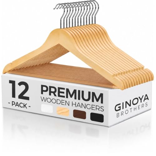 Image of GINOYA BROTHERS Walnut Wooden Suit Hangers 24 Pack with Non Slip Pants Bar - Smooth Finish Solid Wood Coat Hanger for Camisole, Jacket, Pant, Dress Clothes Hangers (Beige: 12)