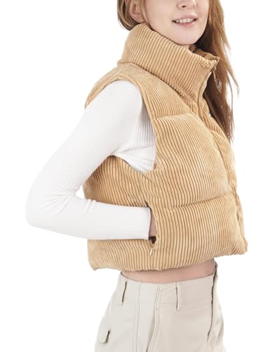 Women's Cropped Puffer Vest Winter Sleeveless Warm Outerwear Vests Lightweight Corduroy Coat with Invisible Pockets4
