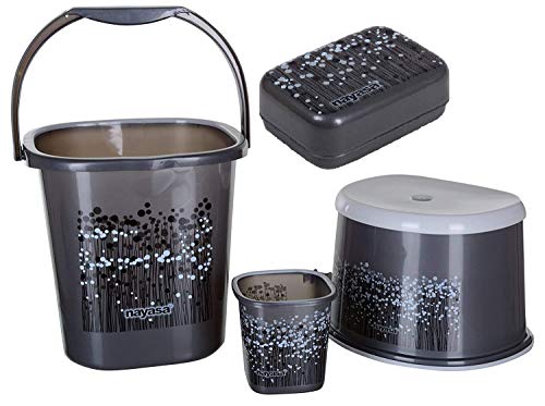 Nayasa Bathroom Set 4-Pieces - Bucket Set - Bucket - Bucket Set with Bathroom Mug Stool Patla and Soap Case - (18 Liters, Grey, 4-Pieces) by Bansal Group