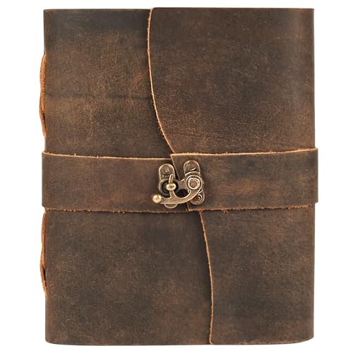 Image of LEATHER VILLAGE Leather Journal for Women & Men - Vintage Leather Bound Journal with Lock - Book of Shadows, Writing & Travel Journal - 200 Pages Handmade Deckle Edge Paper -13 inchx8''- Distressed Brown