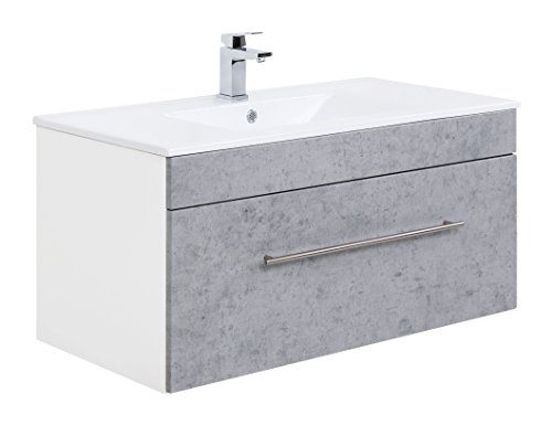 Posseik Badmöbelserie VIVA 100 Waschplatz, Beton + Weiß, Waschtisch 100 cm breit Keramik Waschbecken Posseik Badmöbelserie VIVA 100 Waschplatz, Beton + Weiß, Waschtisch 100 cm breit Keramik Waschbecken