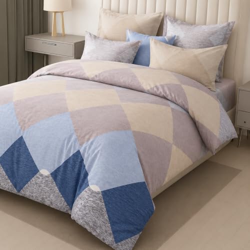 Image of DECOR2ADMIRE 300TC Premium Glace Cotton Printed Super King Size Double Bedsheet with Two Pillow Covers, 108 * 108 Inches or 9ft by 9ft or 275 cm x 275 cm (Blue Pastel Checks)