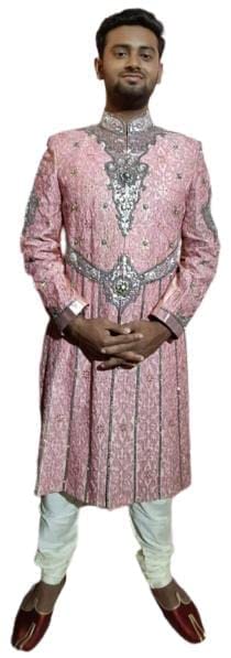 Men's Pink Sherwani Machin and Hand/emb with Cream Churidar Pajama-image-47