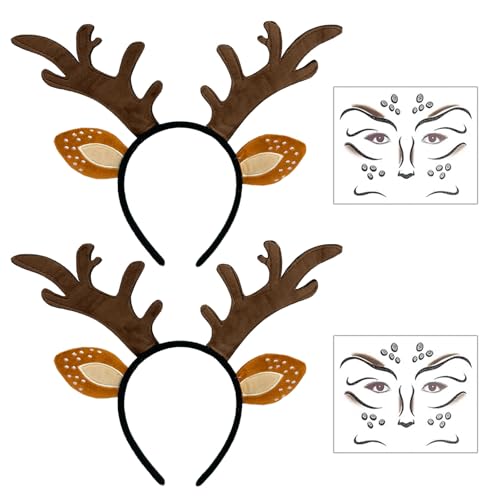 EUPSIIU 2 Piezas Diadema Orejas de Animales + 2 Piezas Cara Ciervo Tatuaje, Ciervo Traje Tocado Diadema, Diadema Cuernos Ciervo, para Carnaval Disfraz Fiesta Temática Halloween Cosplay (Marrón)