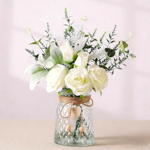 Floralsecret Flores artificiales con florero, rosas blancas artificiales en jarrón, planta de eucalipto falsa, arreglo floral para centros de mesa, baby shower, decoración del hogar, cocina, oficina,