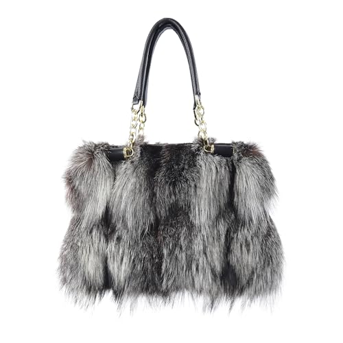 Fur Story Women's Real Red Fox Fur Chain Bag Fuzzy Shoulder Handbag Fluffy Tote Bag Fur Purses Big Capacity