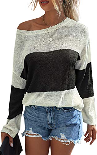 Angashion Womens Color Block Long Sleeve Sweatshirt Crew Neck Lightweight Pullover Beach Cover Loose Knit Sweater Tops Black Medium