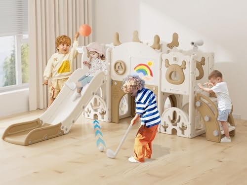 YUFU 13 in 1 Toddler Slide Set, Indoor Outdoor Playset for 1-3, Beige Brown