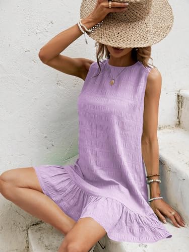 Image of SOLY HUX Women's Ruffle Hem Sleeveless Tank Dress Round Neck Casual Jacquard Hem Smock Summer Mini Dresses