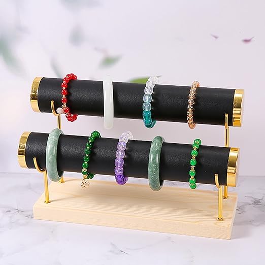 Image of Wooden Metal 2 Roll Black Gold Metal Chrome Finished Wooden Jewellery Display Stand