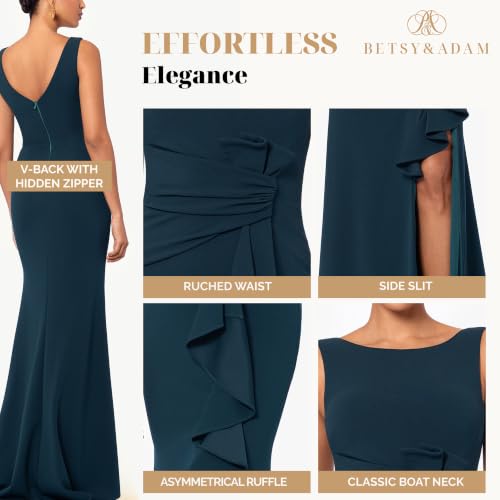 Image of Betsy & Adam Women's Long Bodycon Sleeveless Boat Neck Evening Gown with Side Slit Ruffle