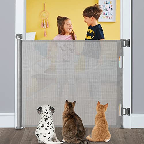 Retractable Baby Gate, Extra Wide Safety Kids or Pets Gate, 33” Tall, Extends to 55” Wide, Mesh Safety Dog Gate for Stairs, Indoor, Outdoor, Doorw