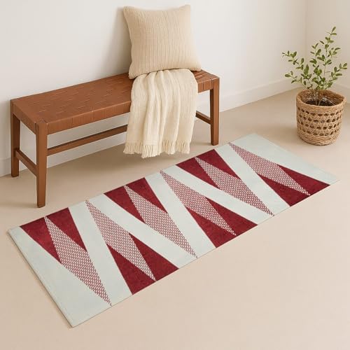 Image of SAGON 2x5 Ft Printed Runner Carpet - Cotton Bedside Rug for Bedroom & Living Room (Vine Trangle-2)