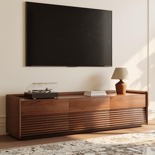 Image of POVISON Fully-Assembled Mid Century Modern TV Stand, 70.87 inch Wood Media Console with Adjustable LED Light, Entertainment Center with Storage for Living Room