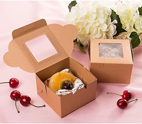Kraft Paper Bakery Boxes (25-Pack) - Pastry Holder with Clear Display Window, Holds 1, Brown, 4 x 2.3 x 4 Inches