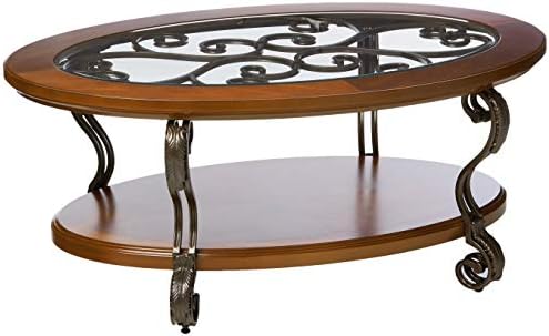 Signature Design by Ashley Nestor Traditional Oval Coffee Table with Beveled Glass Top, Scrollwork Underlay and 1 Fixed Shelf, Dark Brown