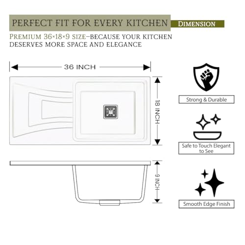 Image of EVANEX Quartz Sink for Kitchen|36x18x9 inch Kitchen Sink with Drain Board|Granite Sink for Kitchen Basin|White Quartz Kitchen Sink with Connector, Waste Pipe, Coupling and Drain Basket