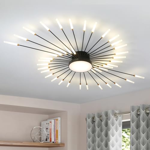 RRBESTModern LED Ceiling Light,Living Room Ceiling Lamp,Flush Mount Lighting,Creative Fireworks Design Chandelier for Bedroom, Dining Room, Kitchen(Black,42+1 Heads)